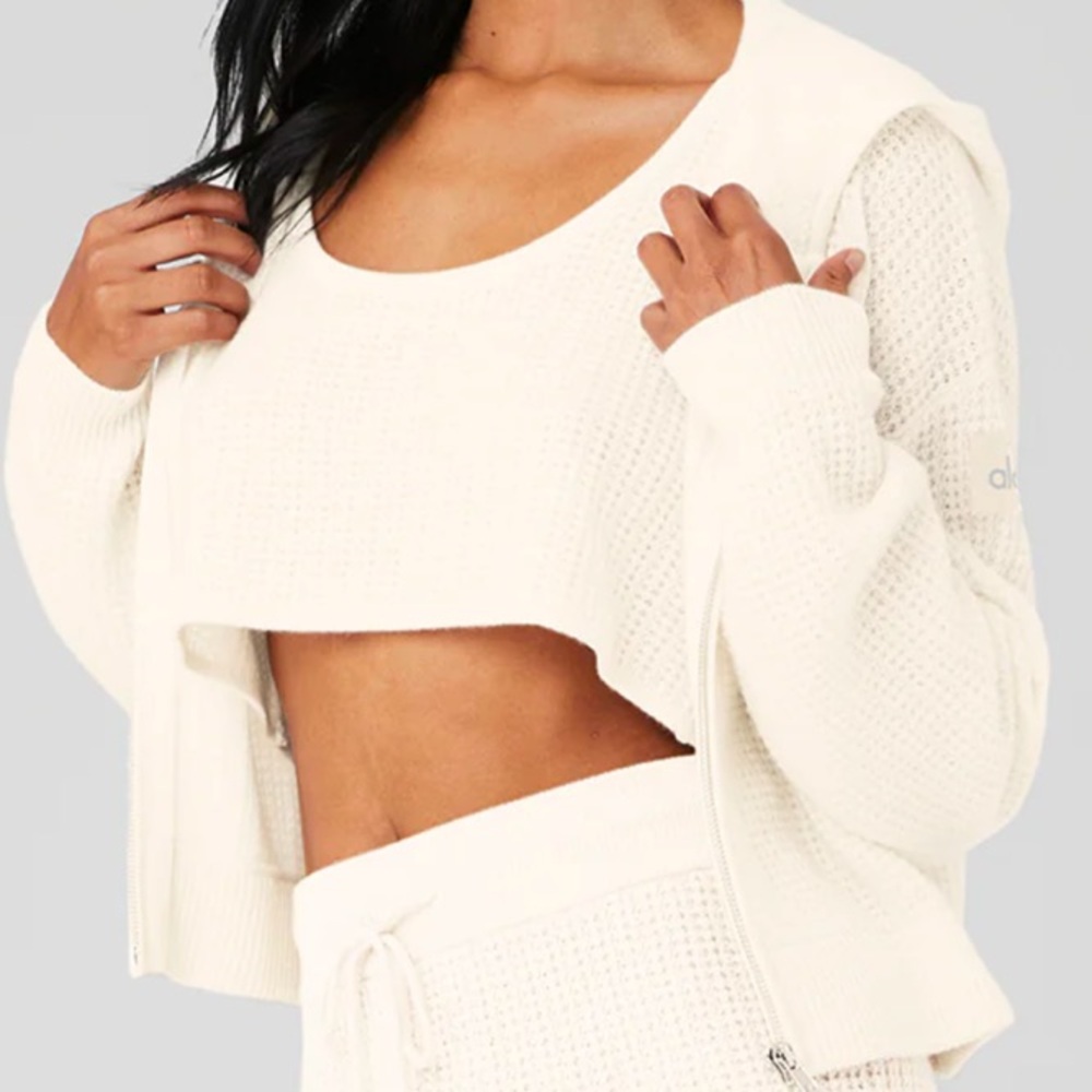 ALO Cashmere Plush Waffle Full Zip Hoodie - Ivory - Medium